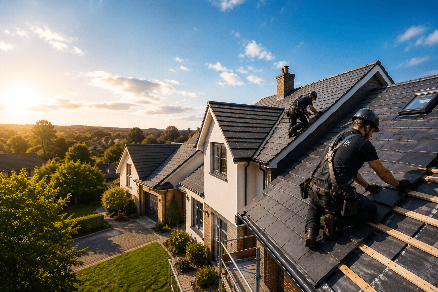 Roofers working on a house